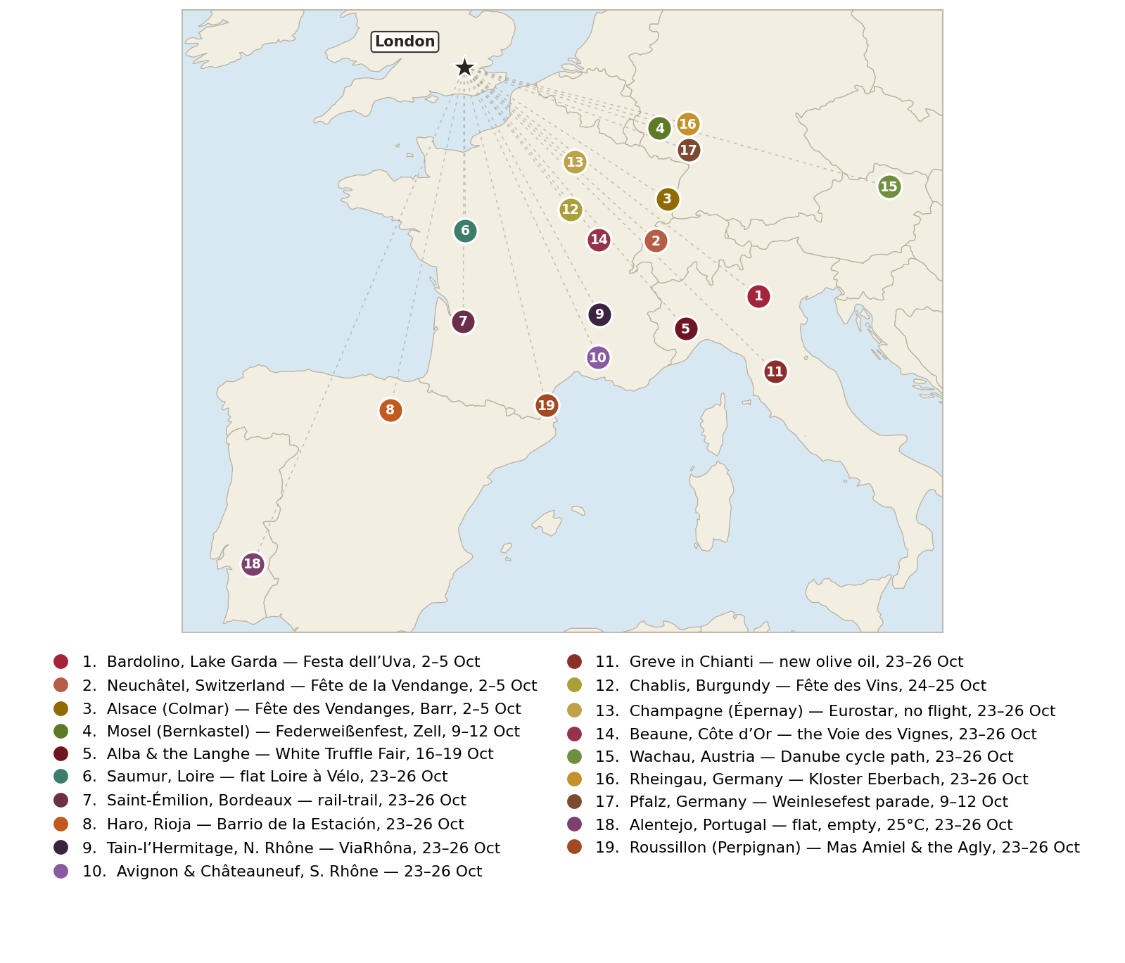 Map of western Europe showing eighteen wine and cycling weekend destinations, numbered and colour-coded